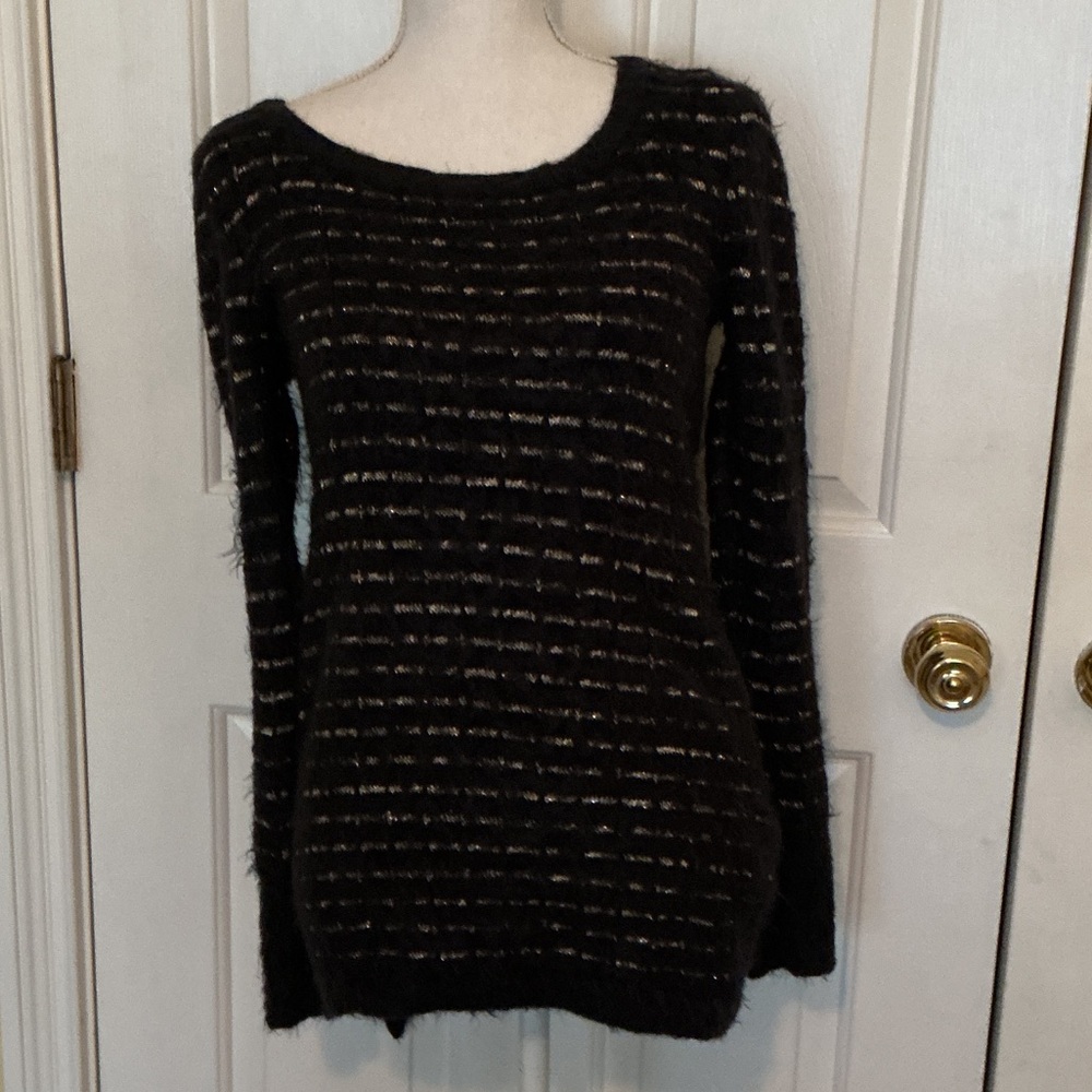 Saks Fifth Avenue BLACK Soft Fuzzy Long Sweater w/ Gold Metallic
